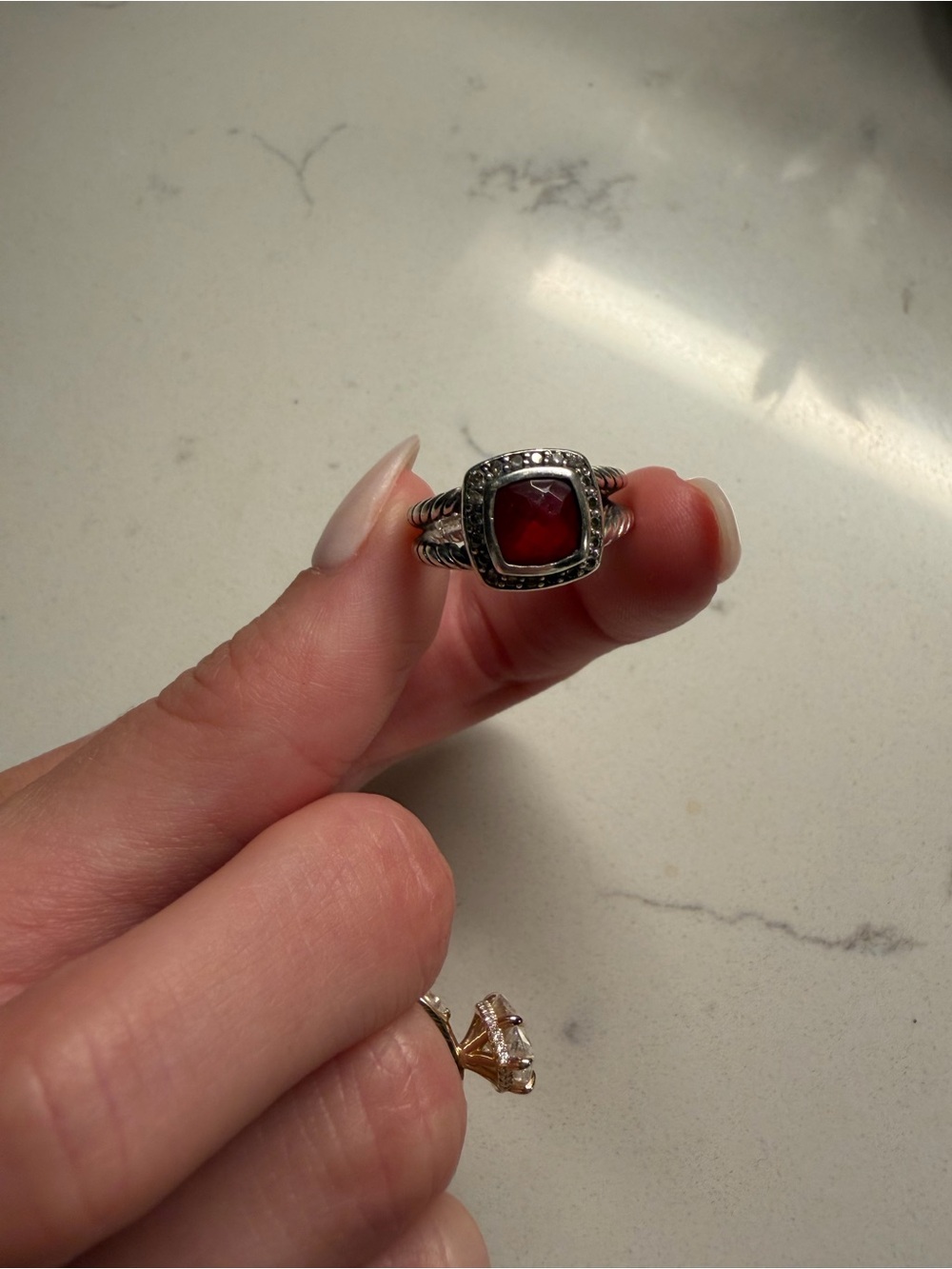 David Yurman Silver Ring with Red Cushion Stone